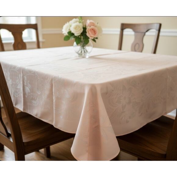 Vtg Square Tablecloth And Napkins Peachy Pink Floral Metallic 47"x47" & 12"x12" - Picture 1 of 11